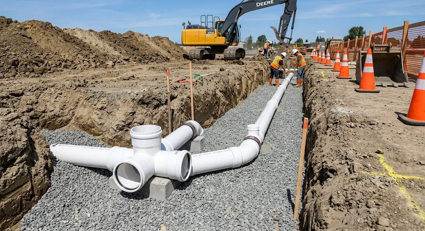 New PVC sewer pipe installation in open trench for Commercial Drain Cleaning in Griffith