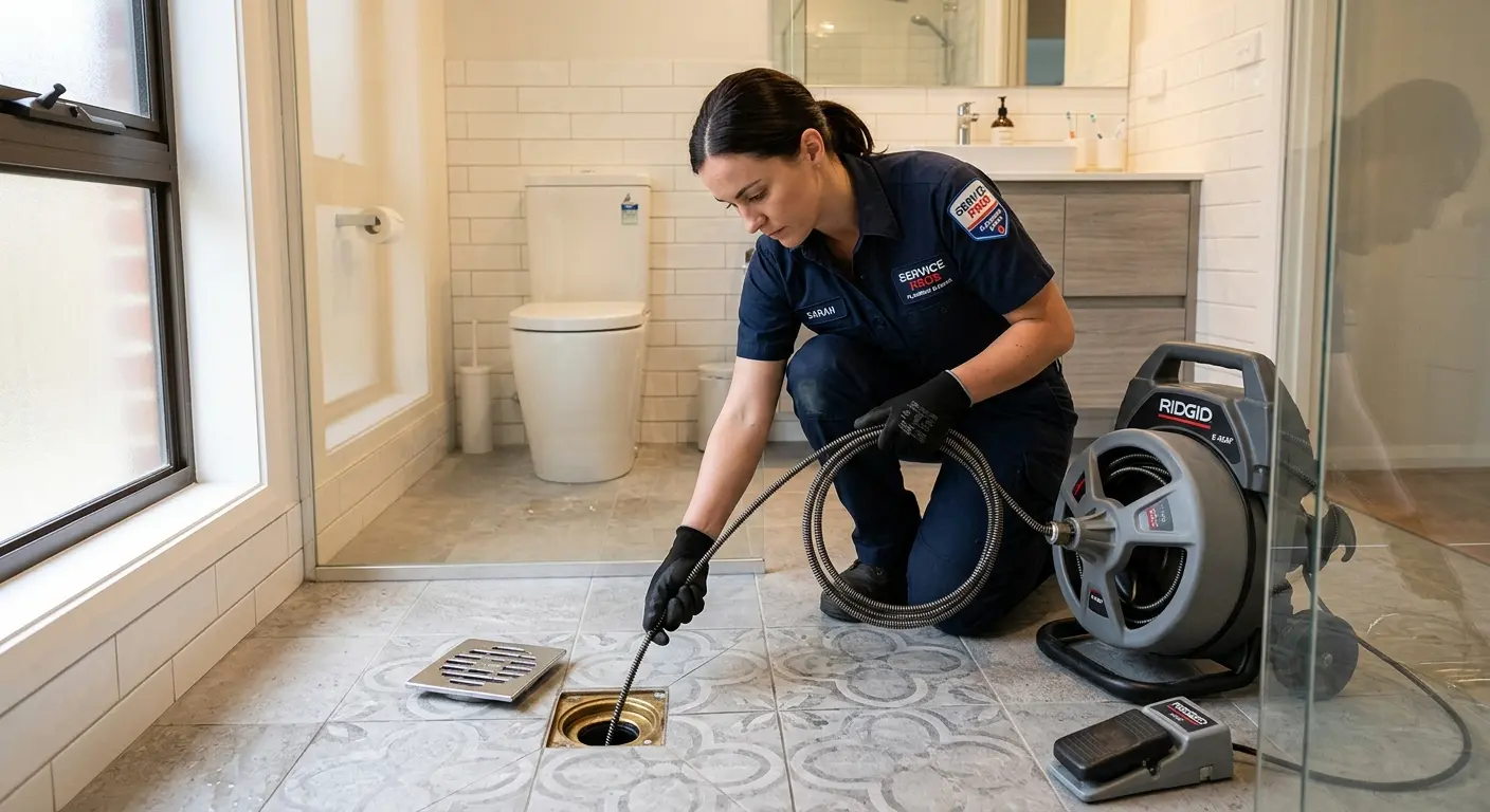 Technician clearing a bathroom floor drain for Drain Repair in Griffith